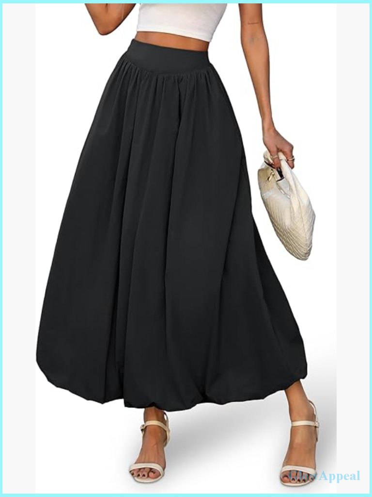 Bubble Maxi Skirt, Elastic Waist Puffy Hem A-Line With Pockets